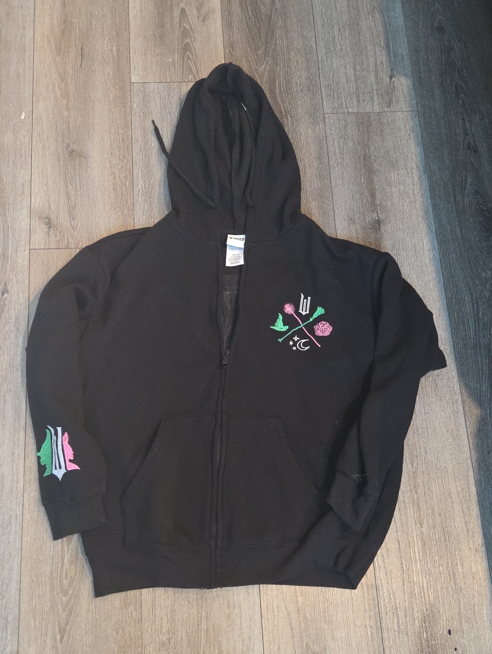 Black Zip Hoodie with Pink & Green Floral Embroidery
